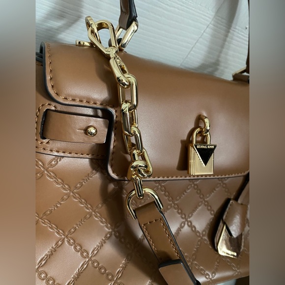 Michael Kors Gramercy Chain Embossed Leather Satchel Acorn Gold Bag - Picture 4 of 12